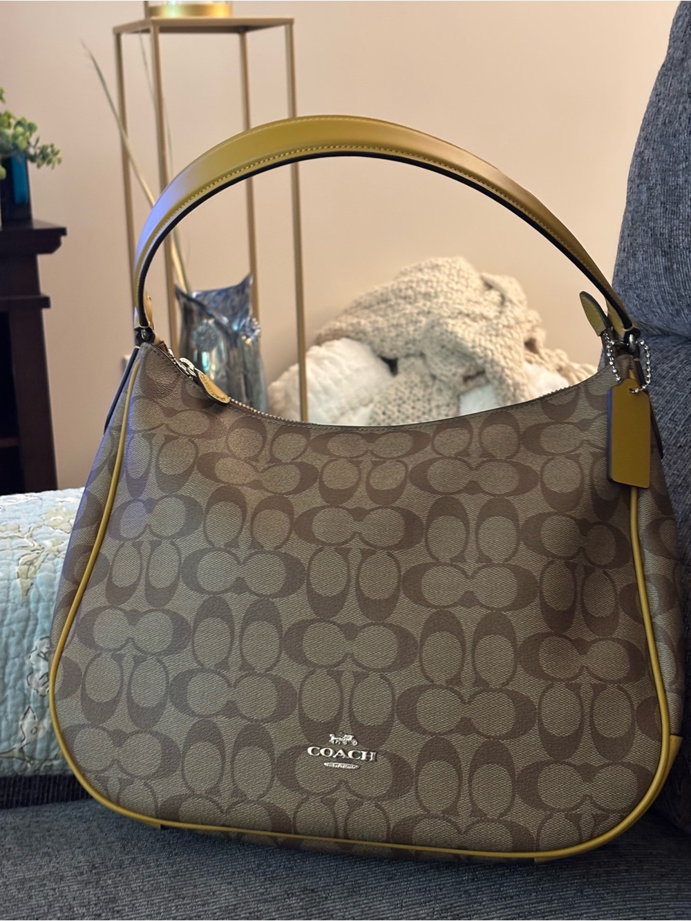 Coach Signature Canvas Leather Zip Shoulder Hobo Bag Tan Brown with Yellow Trim